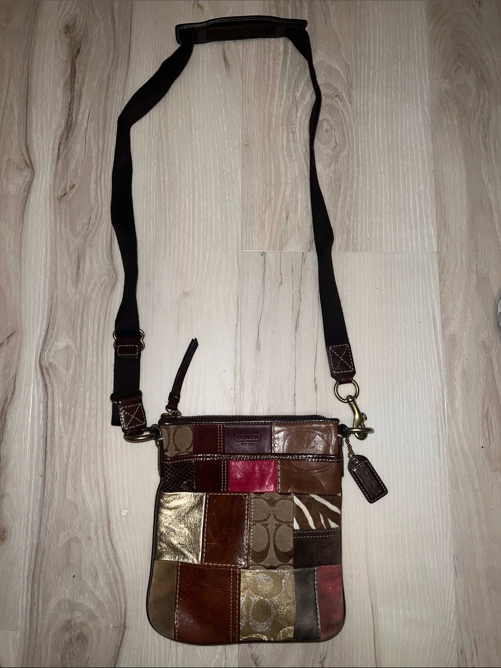 Vintage Coach Patchwork Leather and Signature Canvas Crossbody Bag - Brown/Red